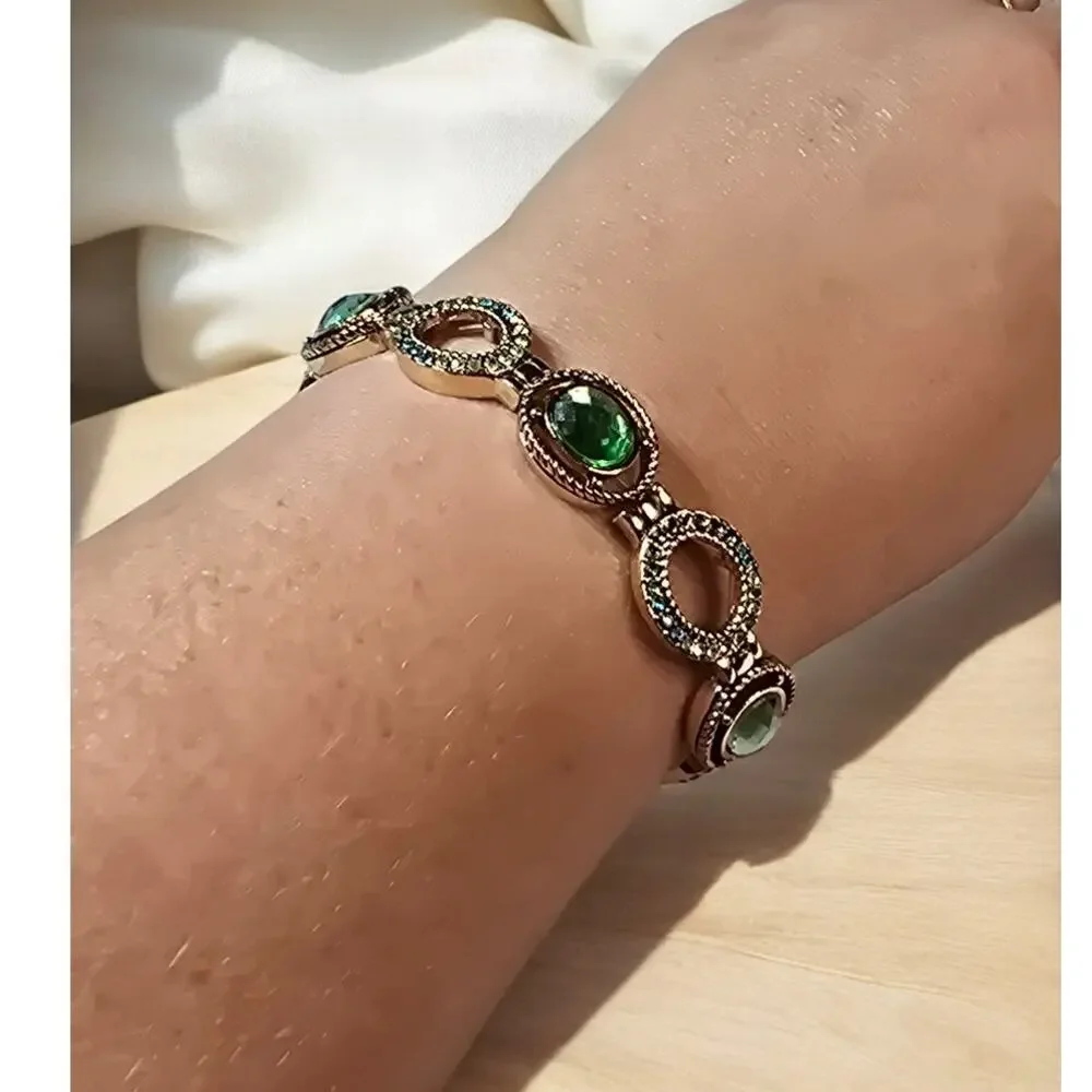 Napier Green Crystal Stretch Bracelet Vintage Gold Tone Moody Glam
